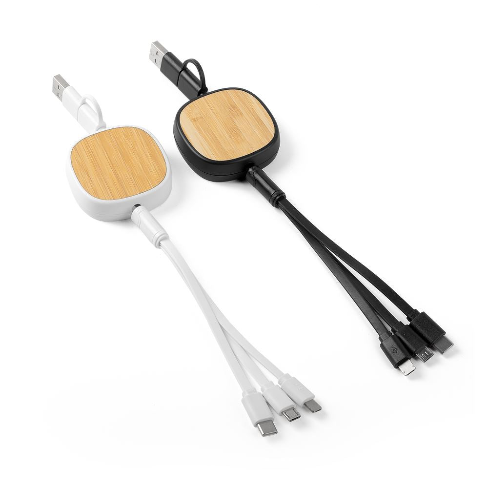 Cabo Carregador USB com 3 Entradas Base de Bambu Preto