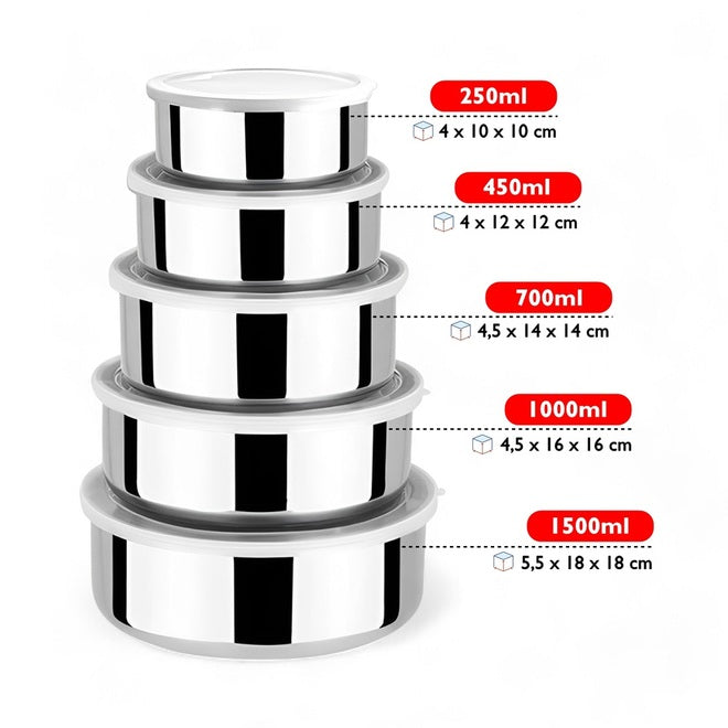 Jogo de Tigelas Bowls de Aço Inox com Tampa 5 Unidades