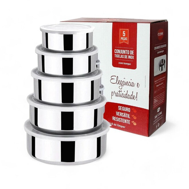 Jogo de Tigelas Bowls de Aço Inox com Tampa 5 Unidades